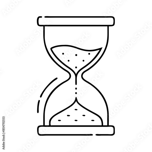 Hourglass with flowing sand, simple line art, white background