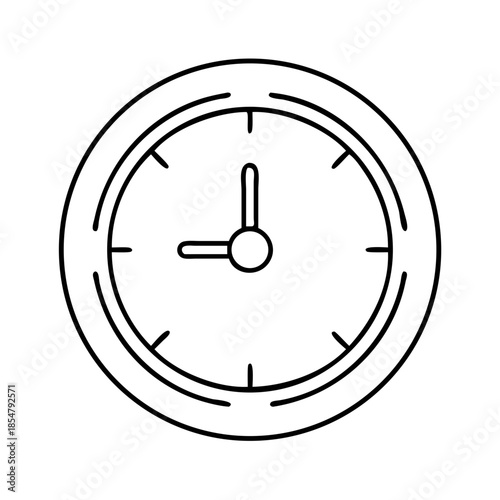 Minimalist black line art clock face indicating nine o'clock