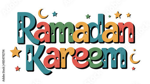 Ramadan Kareem Illustration: A vibrant and colorful illustration conveys the spirit of Ramadan Kareem, featuring elegant lettering and symbolic stars and crescent moons.