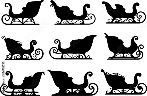 Sleigh art vectors and Set of black Christmas sleigh icon silhouette collections