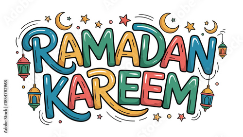 Ramadan Kareem Illustration: Festive and colorful illustration to mark the holy month of Ramadan, exuding a warm and inviting atmosphere with decorative lanterns and celestial elements.