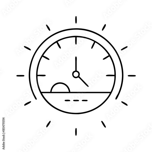 Hand-drawn clock with a sun and horizon element on white background.