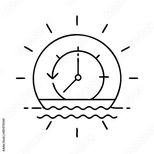 Simple black line art showing a clock inside a sun above wavy