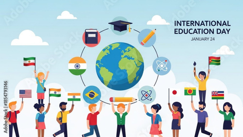 Diverse group of young people celebrating international education day with flags from different countries around the globe illustration