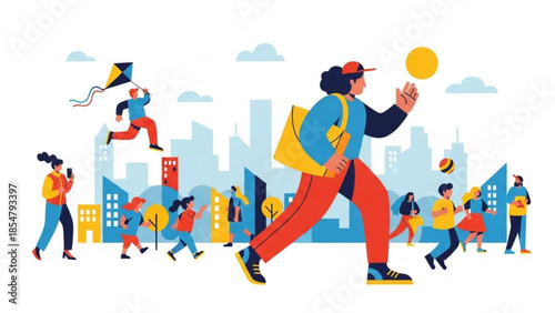 Vibrant cartoon people playing and having fun in a modern urban cityscape with colorful buildings and cloudy sky