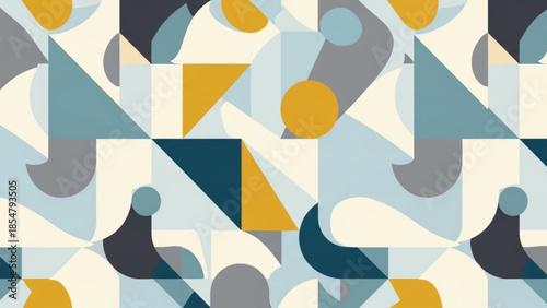 Abstract geometric shapes in blue, yellow, and gray tones on a white background, creating a modern and dynamic visual pattern