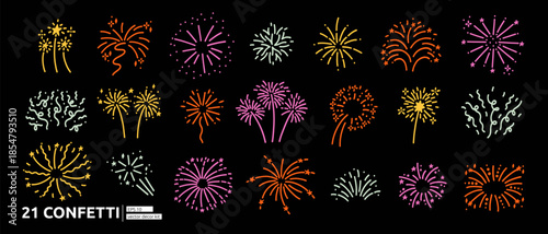 Colorful Confetti, Firework and Firecracker Doodles Kit. Doodle Firecracker Confetti in Sketchy Line Art by Hand for Celebrate Bundle in Black Background. Vector Illustration