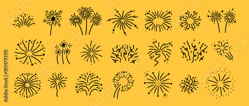 Celebrate with Firework and Confetti Elements Kit. Doodle Firecracker Confetti in Sketchy Hand Drawn Icons Bundle. Doodle Vector Illustration