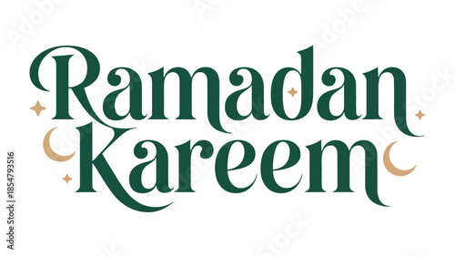 Ramadan Kareem: Elegant, artistic inscription for the holy month, decorated with celestial motifs.