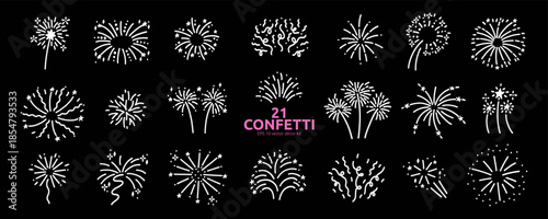 Hand Drawn Sketchy Icons for Celebrate with Confetti, Firework Kit.  Doodle Firecracker Confetti Elements Bundle in Black Background. Vector Doodle Illustration