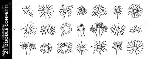 Line Art Icons for Celebrate with Hand Drawn Confetti, Firecracker Kit. Doodle Firecracker Confetti Bundle Elements. Vector Doodle Illustration