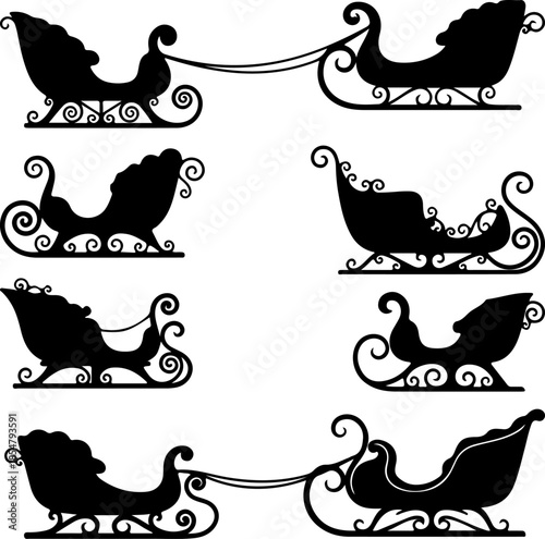 Sleigh art vectors and Set of black Christmas sleigh icon silhouette collections
