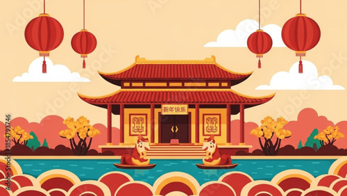 Traditional chinese temple with monks in boats under red lanterns, serene landscape with water and trees, peaceful atmosphere, cultural heritage illustration