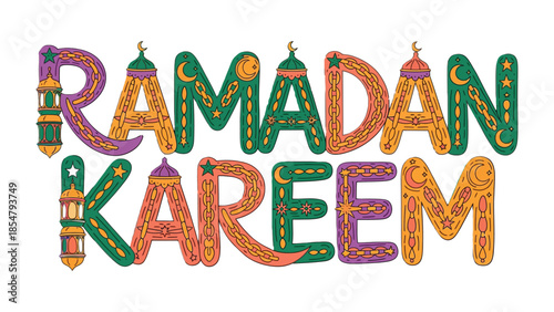 Ramadan Kareem: Decorative hand-drawn lettering spells out Ramadan Kareem, showcasing the beauty of the holiday with intricate patterns and vibrant colors. Capturing the spirit of generosity.
