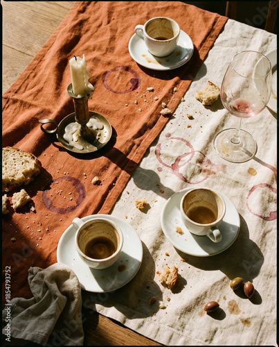 Messy table with wine stains, crumbs, and empty coffee cups in hard sunlight, depicting an authentic after-meal scene.
