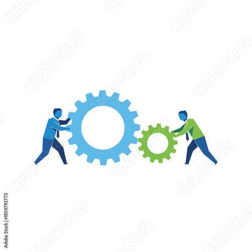 Two geometric business figures are actively turning interconnected solid color gears, illustrating synchronized efficient workflow and process teamwork in a pure flat 2D vector illustration.