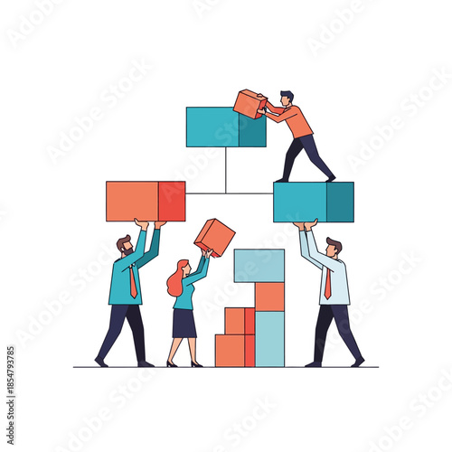 Two geometric business characters provide professional support by holding up a foundational structure for a colleague placing the final block in a clean, vibrant 2D flat vector illustration.