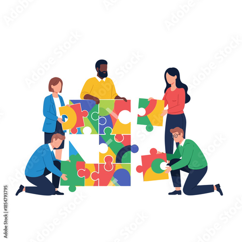 2D pure flat vector illustration depicting diverse business characters successfully completing a large geometric jigsaw puzzle, representing collaborative strategy achievement.