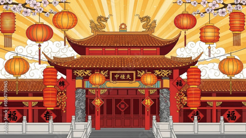 Traditional chinese temple entrance with red lanterns and cherry blossoms