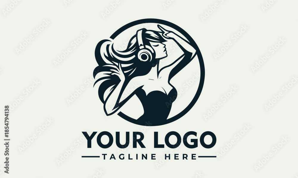 Fototapeta premium Vector logo design featuring a stylized woman in a circle with headphones and music elements on a clean background.