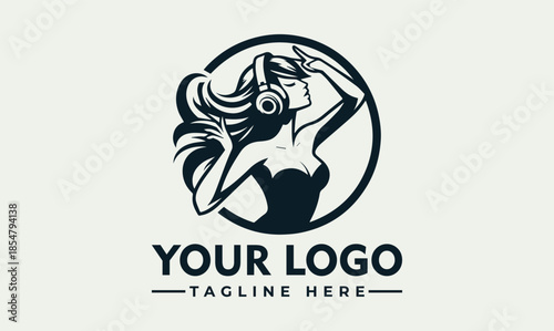 Vector logo design featuring a stylized woman in a circle with headphones and music elements on a clean background.