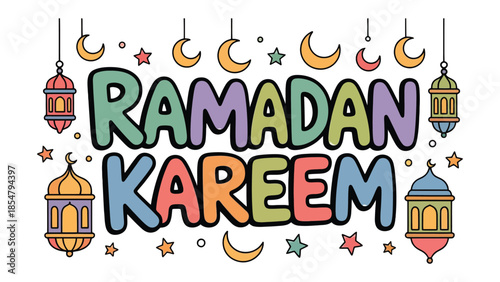 Ramadan Kareem: A vibrant illustration, adorned with traditional lanterns and crescent moons, conveys the spirit of Ramadan. The central text wishes 'Ramadan Kareem'.