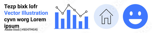 Data visualization, home-based scenarios, digital design, user experience, analytics, modern graphics. Bar chart with line graph, house outline and happy face icon. Data visualization and home-based