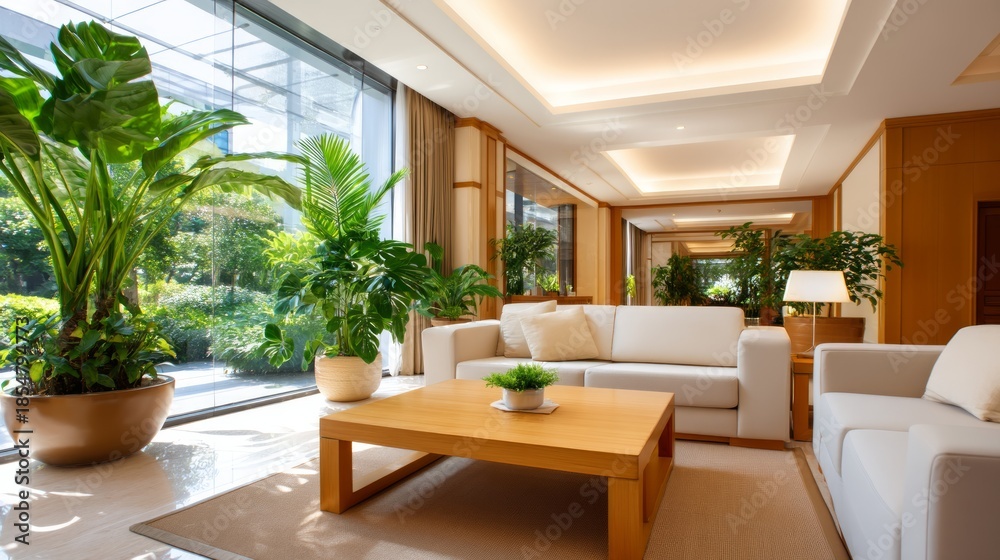 Fototapeta premium Cozy Modern Living Room Interior with Natural Light and Greenery in Home Setting