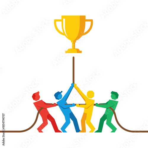 Four geometric characters collaboratively pull a rope upwards toward a large corporate trophy, signifying synchronized teamwork and collective success in a flat 2D vector illustration.