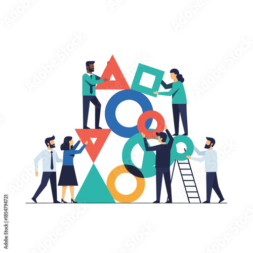 Four diverse business characters collaborate to assemble a geometric abstract structure, signifying successful project completion in a minimalist 2D flat vector illustration.