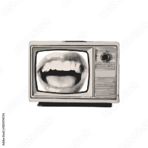 Cut out from magazine old tv, mouth with transparent display. Halftone collage frame. Vector illustration on an isolated background.