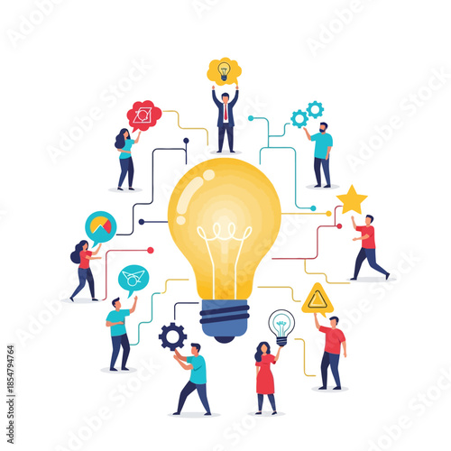Diverse team members rapidly brainstorming around a massive floating lightbulb, sharing connected concept shapes in a pure flat 2D vector illustration style.