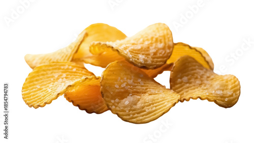 Fotografia Golden rippled potato chips with salt isolated PNG, crispy snack food on transpa