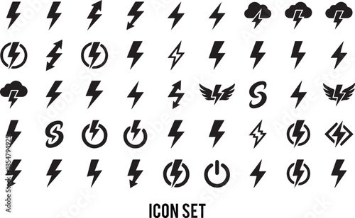 Lightning Bolt and Power Symbol Icon Set. Vector illustration