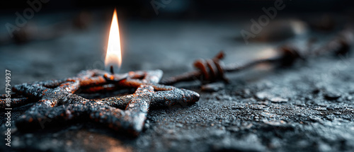 4K International Holocaust Remembrance Day Star of David with Burning Candle and Barbed Wire