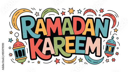 Ramadan Kareem Illustration: Colorful illustration of Ramadan Kareem lettering adorned with crescent moons, stars, and lanterns, capturing the spirit of the Islamic holy month. 