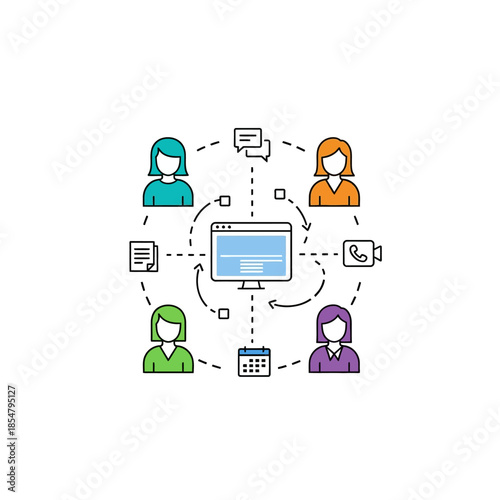 A minimalist 2D flat vector illustration shows a small remote team effectively synchronized around a central digital screen using abstract dashed lines and interface icons for seamless virtual workflo