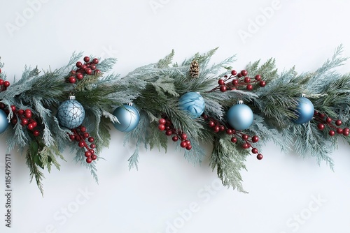Frosted Christmas Garland with Blue Ornaments, Pine Needles and Red Berries (JPG 300DPI 10800×7200)