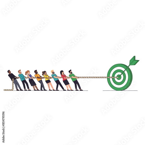 A diverse group of characters uniformly pulls a thick rope toward a successful target arrow in this clean 2D flat vector illustration, emphasizing collective synergy and joint effort.