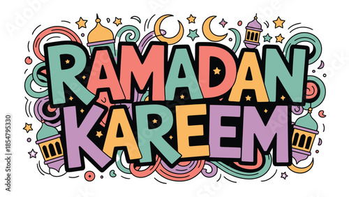 Ramadan Kareem: A vibrant illustration showcasing the spirit of Ramadan, with colorful lettering. and symbols evoking the holy month.