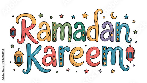 Ramadan Kareem Illustration: Colorful illustration with Ramadan Kareem lettering adorned with stars, lanterns, and crescents, creating a festive atmosphere for the holy month.