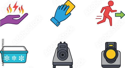 Collection of Six Flat Featuring Hand With Fire Electricity Glove With Sponge Running Man With Arrow Snowflake Container Camera Lens And Camera