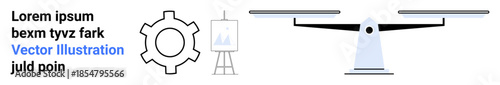 Gear wheel, balance scale, and presentation board suggest teamwork, fairness, data optimization, and strategy. Ideal for workflow, planning, productivity judgment growth innovation simple landing
