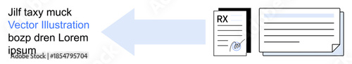 Healthcare communication, medical documentation, prescription processing, digital information exchange, data sharing, records management. Document with an RX symbol and a form. Medical documentation