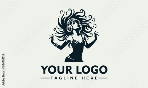 Vector logo design featuring a woman with flowing hair and raised hands on a light gray background with space for a company name and tagline.