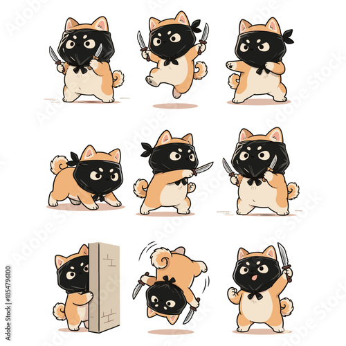 Adorable Shiba Inu Ninja in Various Action Stances