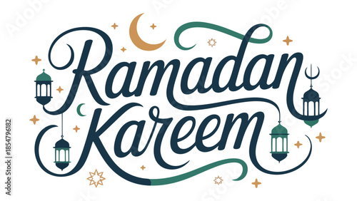 Ramadan Kareem: A festive and decorative design wishing the celebration of Ramadan Kareem with moon, star, and lamp decorations.