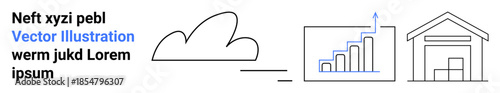 Cloud computing, data analysis, logistics, storage solutions, growth tracking, warehousing. Minimalist icons include a cloud, bar graph with growth arrow and warehouse. Cloud computing and data