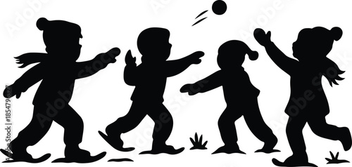 Children Throwing Snowballs Silhouette – Alaska Winter Park Vector Illustration