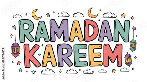Ramadan Kareem: Vibrant and festive illustration with cheerful text, stars, moons, and lanterns. The image radiates a sense of joy and reflection, celebrating the holy month.